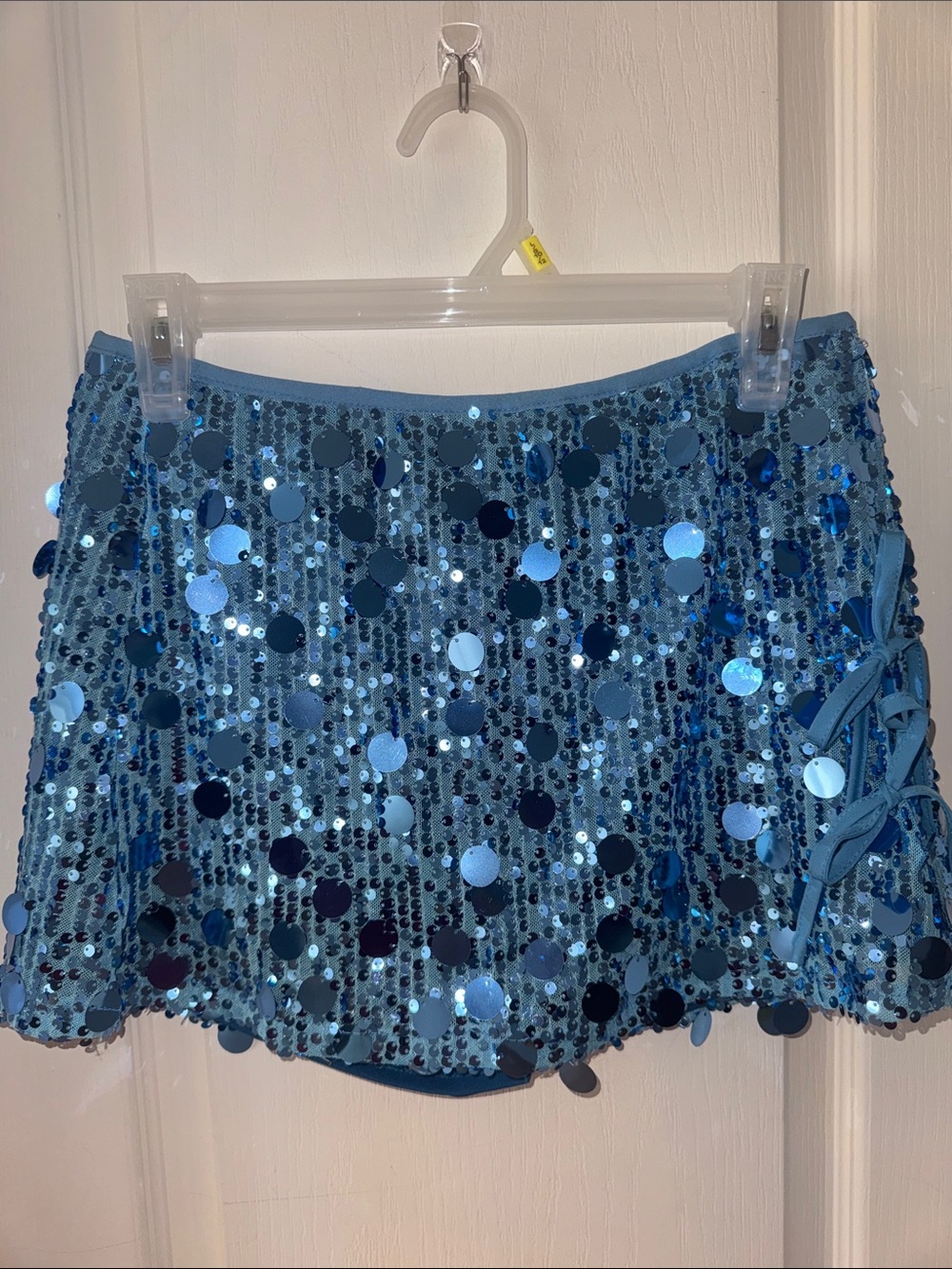 Blue sequin mini skirt with built-in shorts